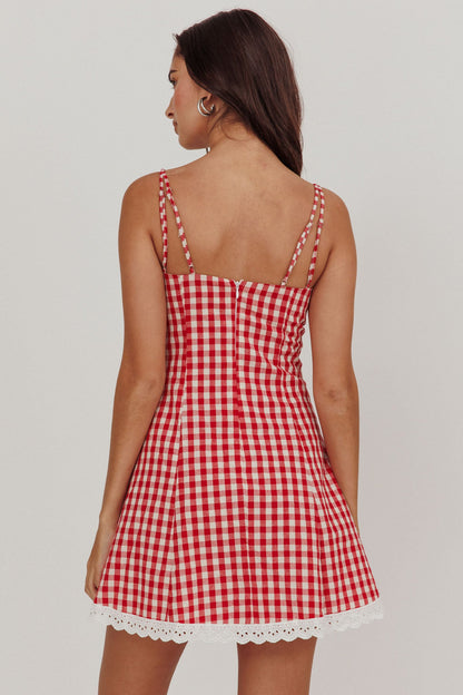 Mini abito con bordi in pizzo Noelle Gingham Red