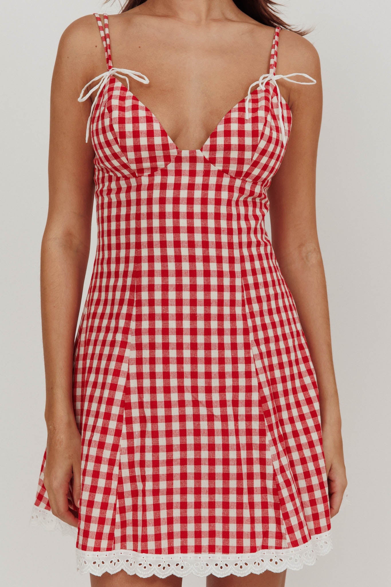Mini abito con bordi in pizzo Noelle Gingham Red