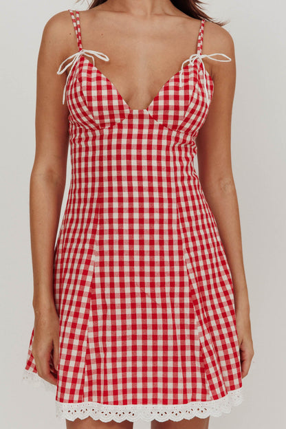 Mini abito con bordi in pizzo Noelle Gingham Red