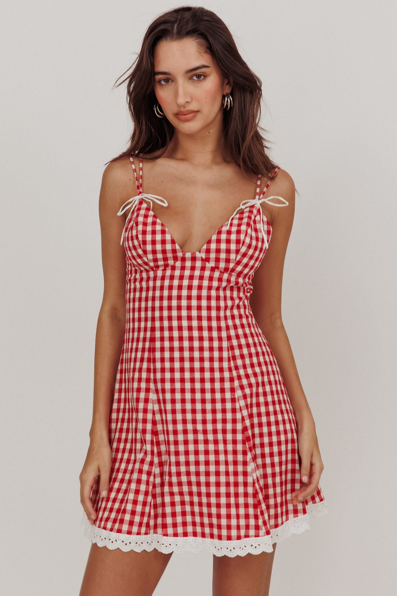 Mini abito con bordi in pizzo Noelle Gingham Red
