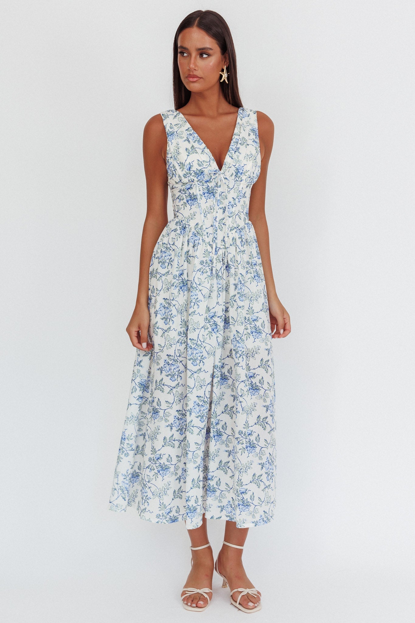 Abito lungo con vita basca Spring Dawn floreale blu