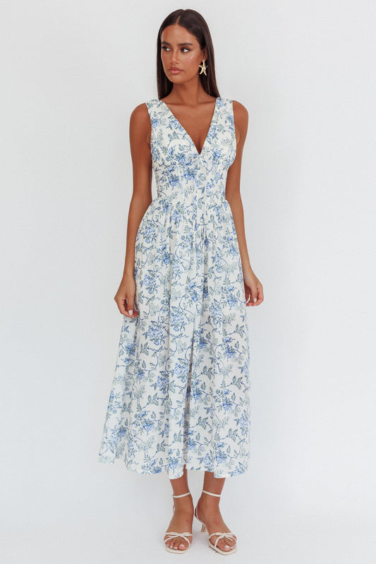 Abito lungo con vita basca Spring Dawn floreale blu