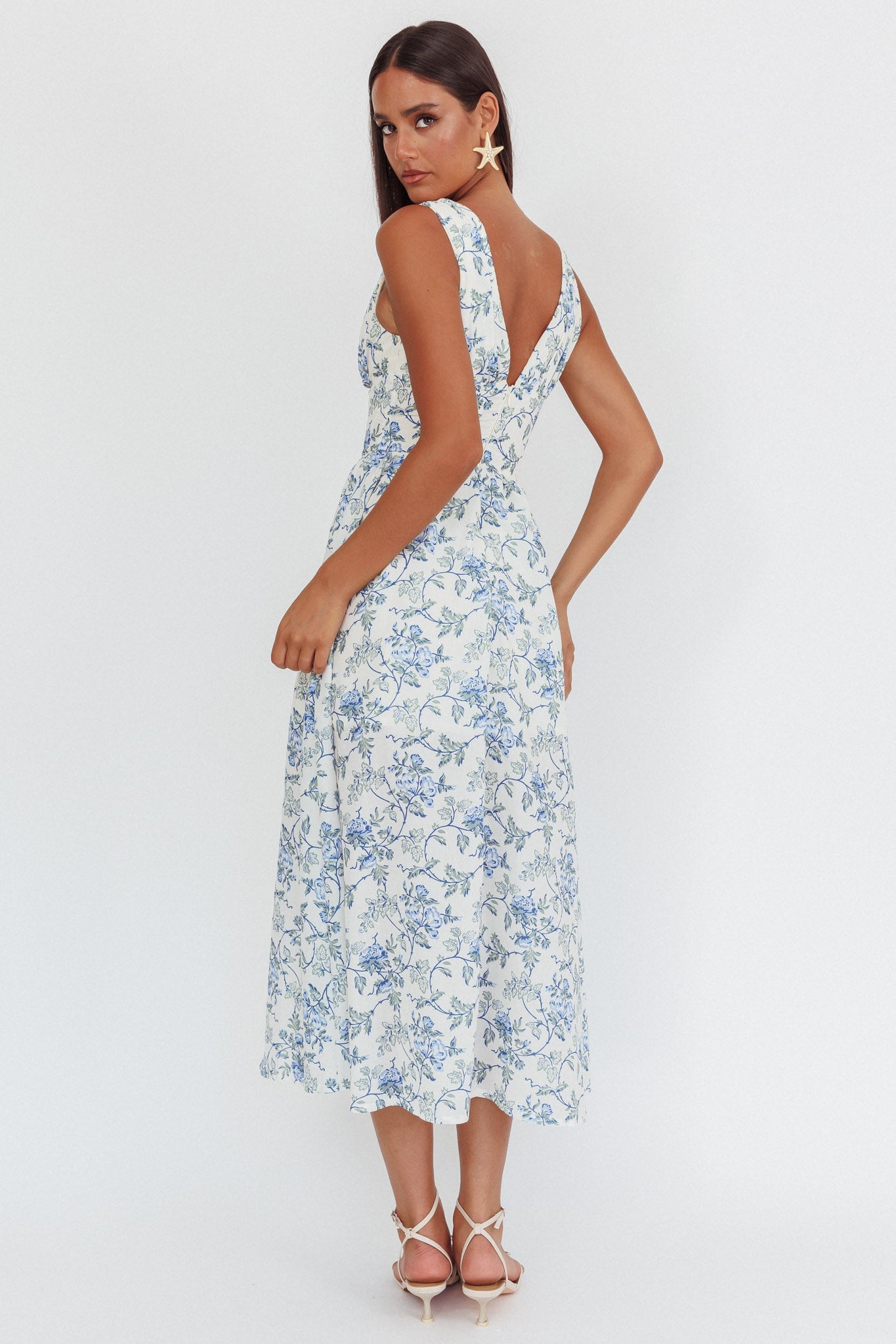 Abito lungo con vita basca Spring Dawn floreale blu