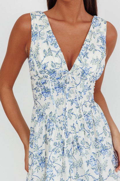 Abito lungo con vita basca Spring Dawn floreale blu
