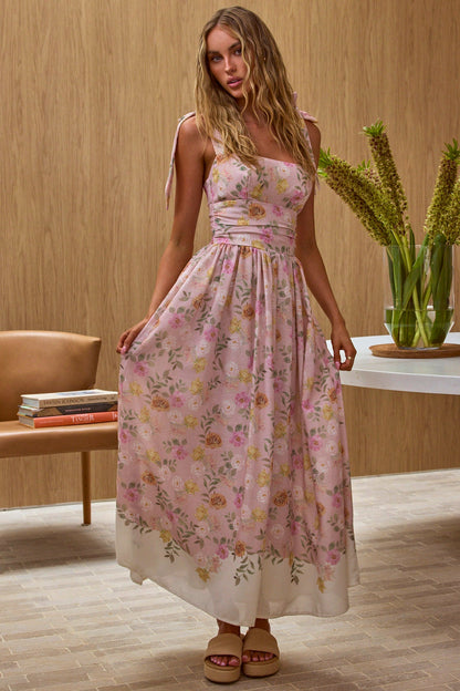 Abito lungo con spalle legate Dua color pesca floreale