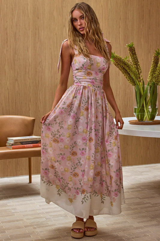 Abito lungo con spalle legate Dua color pesca floreale