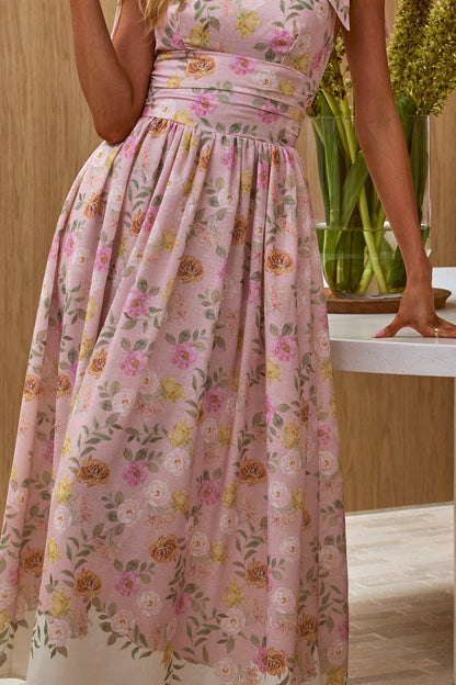 Abito lungo con spalle legate Dua color pesca floreale