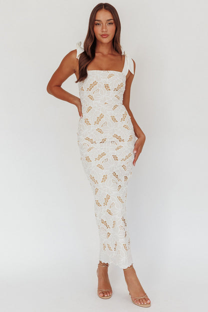 Abito lungo con spalle annodate e ricamo Coastal Bloom bianco