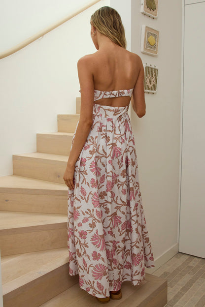Abito lungo con fiocco e busto Summer Field Beige floreale