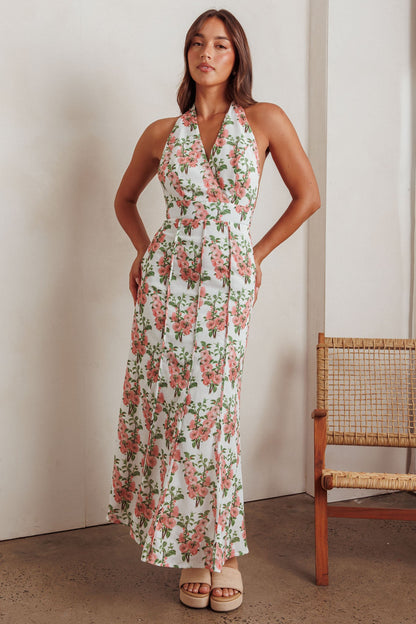 Abito lungo con pieghe e scollo all'americana Love Bomb, rosa floreale