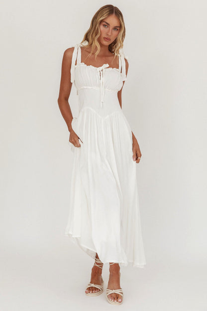 Abito midi Albury con spalle annodate e vita basca, bianco