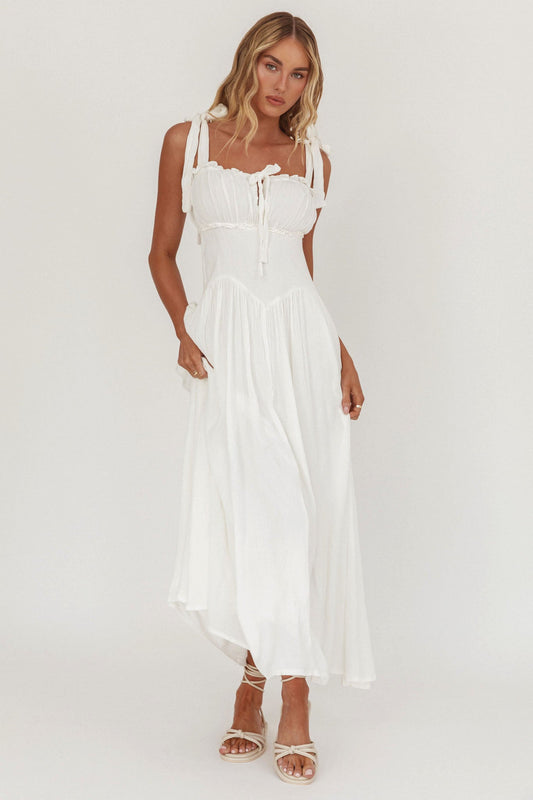 Abito midi Albury con spalle annodate e vita basca, bianco