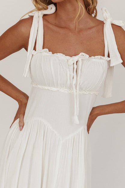 Abito midi Albury con spalle annodate e vita basca, bianco