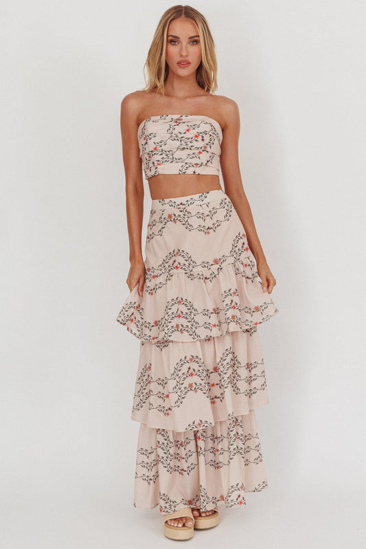 Gonna lunga con balze a strati Ezmeralda floreale beige