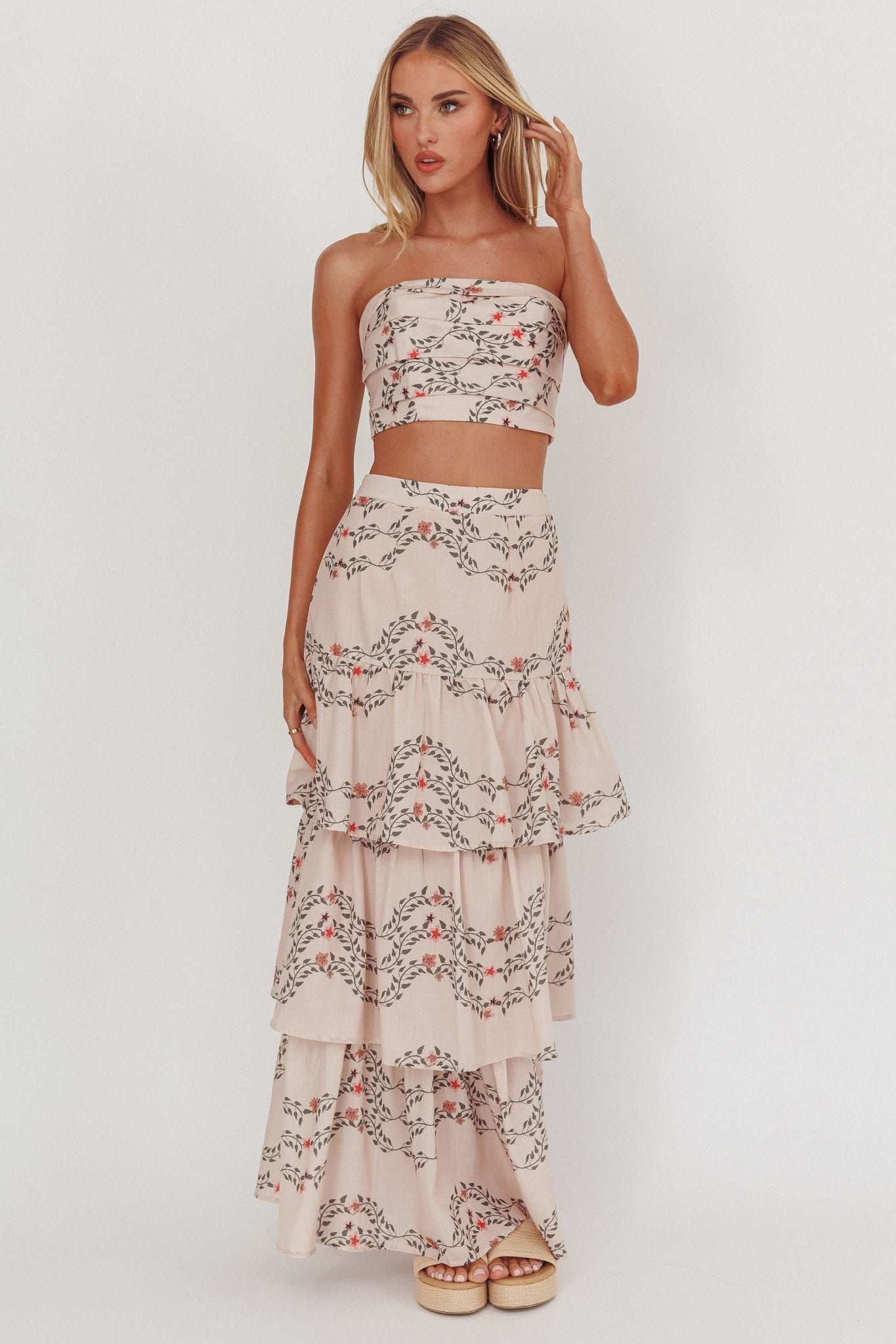 Gonna lunga con balze a strati Ezmeralda floreale beige