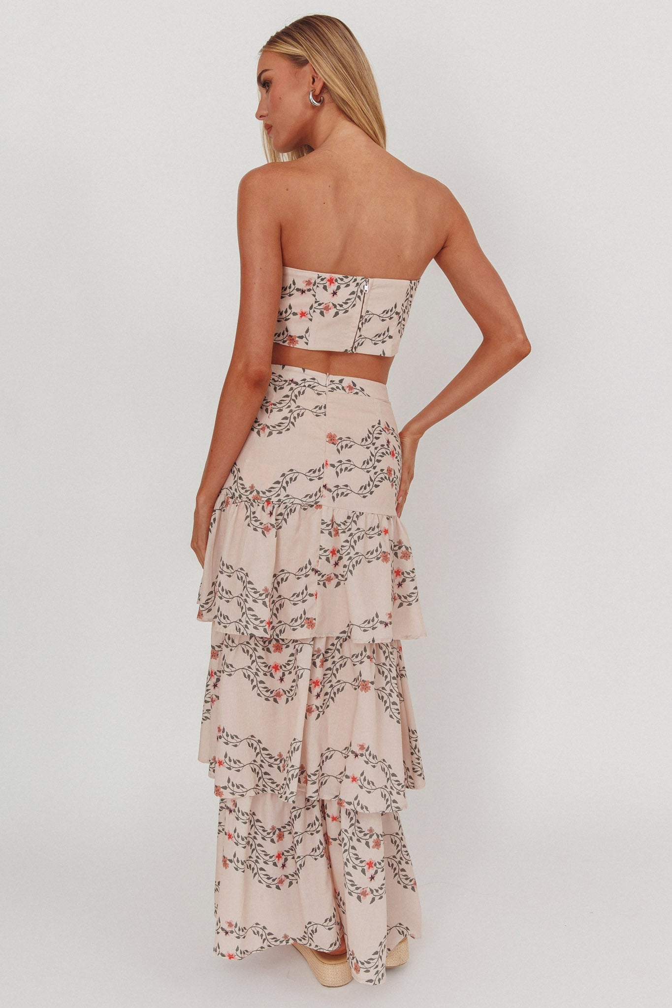 Gonna lunga con balze a strati Ezmeralda floreale beige