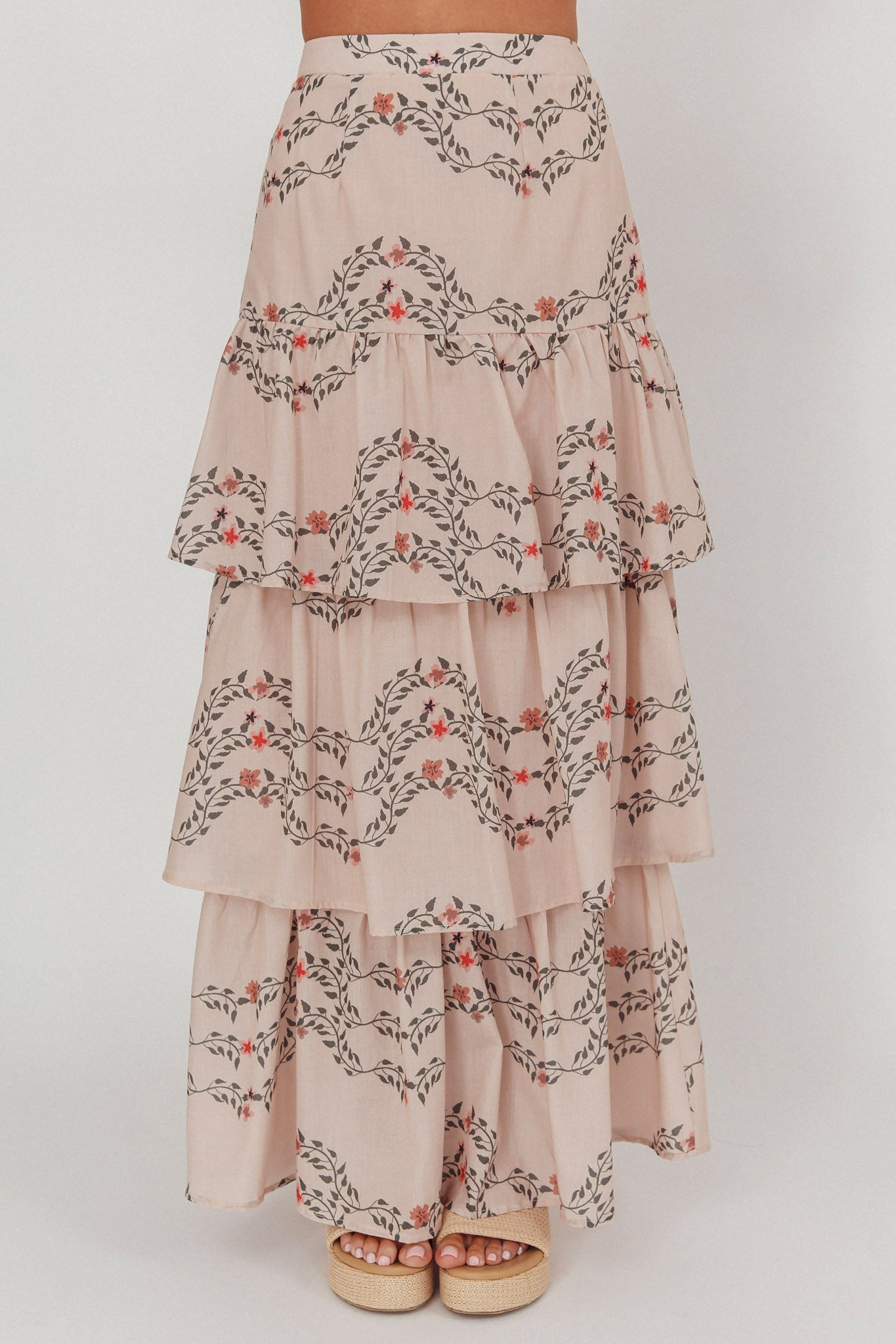 Gonna lunga con balze a strati Ezmeralda floreale beige