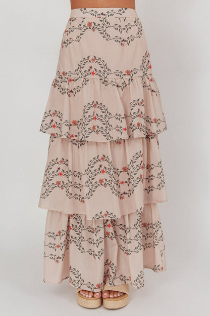 Gonna lunga con balze a strati Ezmeralda floreale beige