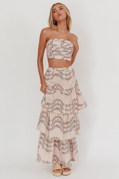 Gonna lunga con balze a strati Ezmeralda floreale beige