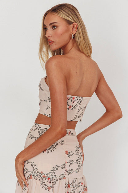 Ezmeralda Top corto senza spalline in torba floreale beige