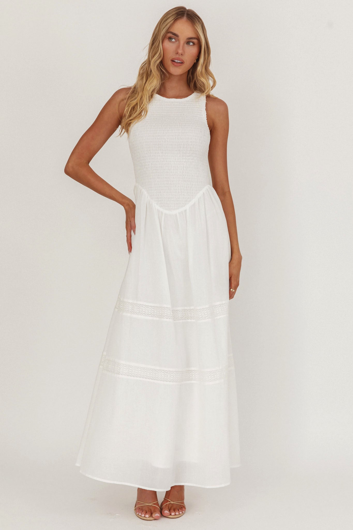Abito midi Smith con corpino arricciato bianco