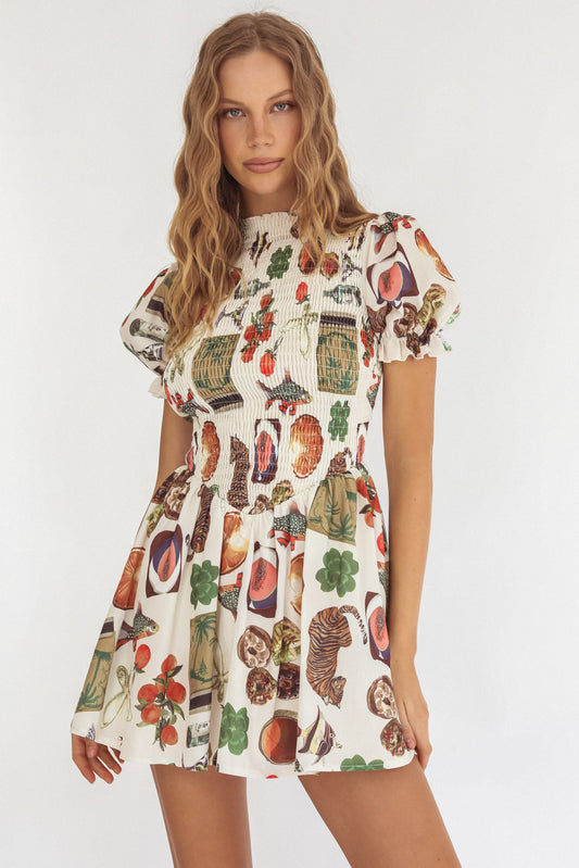 Nia Mini abito con maniche a sbuffo e stampa esotica beige