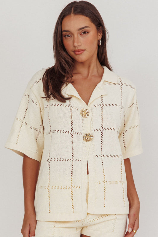 Top con bottoni dorati in maglia da marinaio color crema